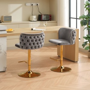 A&A Furniture,Swivel Barstools Adjusatble Seat Height With Gold-plating Base, Classic Velvet Upholstered Bar Stools ， Set of 2 - 1 of 4
