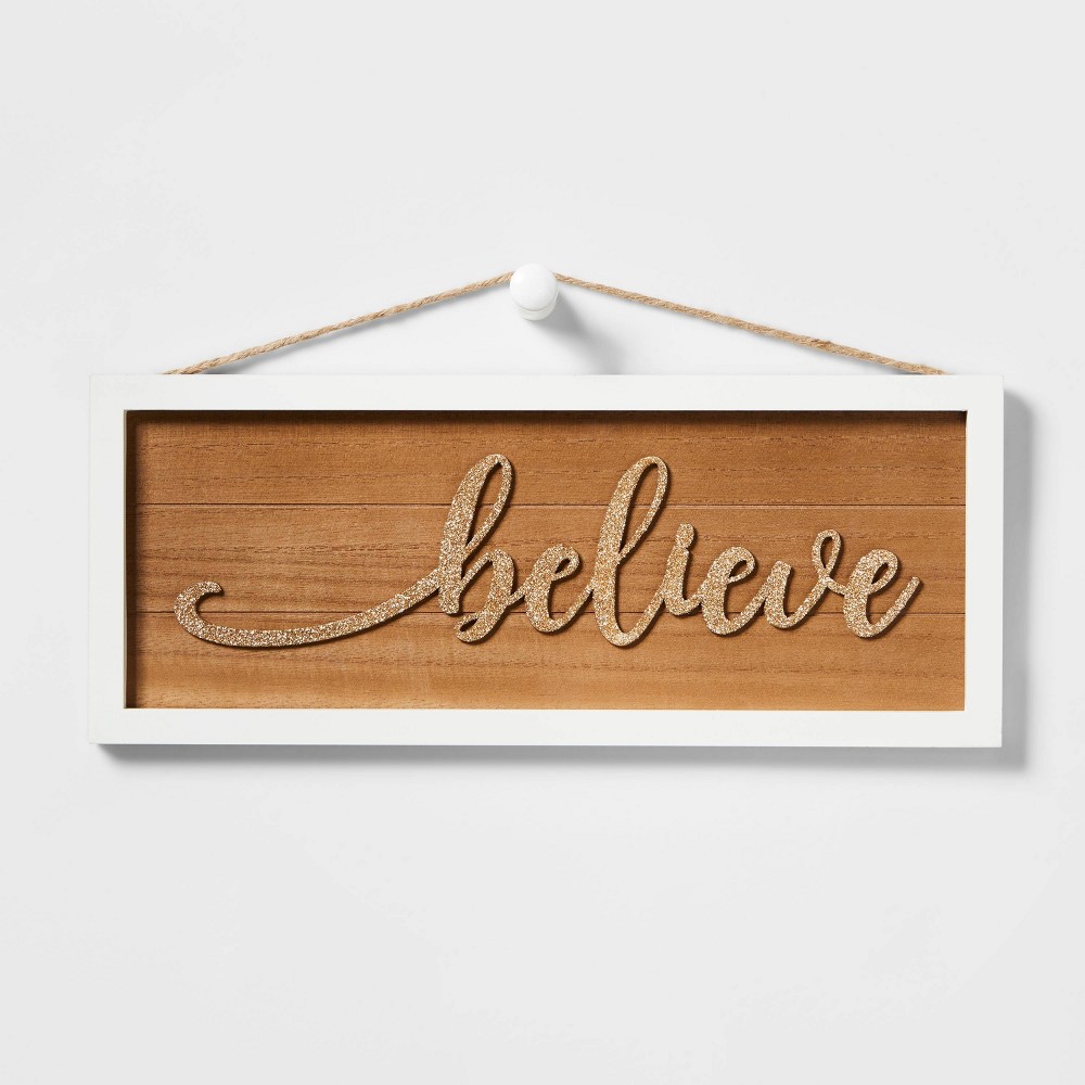 Believe with Wood Frame Hanging Sign White - Wondershop