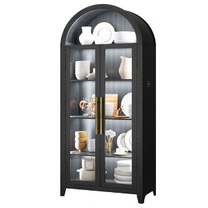 Fredees 59" Tall Arched Display Cabinet with Glass Doors, 3-Color LED Lights and Motion Sensor, Adjustable Shelf for Collectibles, Toys & Books,Black - 1 of 4