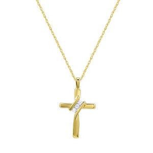 GILDED Small Natural Round-Cut Diamond Accent 3 Stone Cross Pendant in 14KT Yellow Gold Plated & Sterling Silver, 18 Inch Chain - 1 of 4