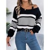 Women's Color - Block Striped Lantern Sleeve Sweater, Off - Shoulder Pullover with Metal Buckle - 2 of 4