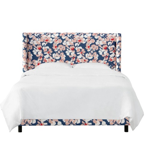 King Wingback Bed In Color Block Floral Navy Blush Cloth