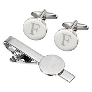 Unique Bargains Copper Engraved Initial Men Cufflinks and Tie Clip Bar Set Silver - 1 of 4