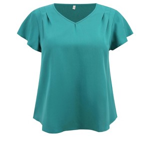 Women's Plus Size V Neck Shoulder Pleated Ruffle Short Sleeve Dressy Casual Blouses - GRACE & GRANDEUR - 1 of 4