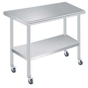 Stainless Steel Prep Table with Rounded-Corner, Adjustable Undershelf and 4 Caster Wheels, Commercial Heavy Duty Table with Adjustable Under Shelf - 1 of 4