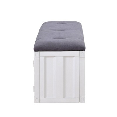 Modern Industrial Gray Fabric & White Metal Storage Bench