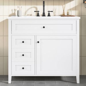 Mshliw 36" Freestanding Bathroom Vanity with Sink, 3 Drawers & Adjustable Shelf, MDF & Rubberwood Cabinet, Faucet Not Included - 1 of 4