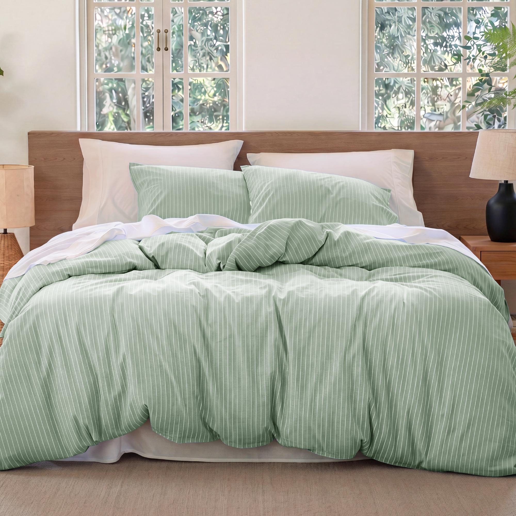 Bedsure Striped Duvet Cover Set, 100% Washed Cotton Linen Like Reversible Yarn Dyed Bedding Set, 3 Piece with Zipper, All Season, Sage Green King