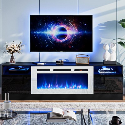 AOXUN 79" Fireplace TV Stand with 36" Electric Fireplace, LED Light Entertainment Center with Wood Texture, Storage Cabinet for TVs Up to 90", Black