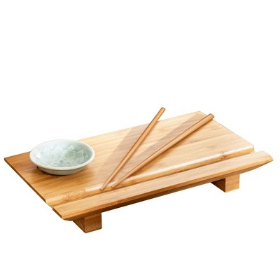 Burnished Bamboo Rectangular Sushi Board Set with Ceramic Dish