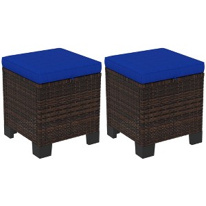 Outsunny 2 Pieces Wicker Outdoor Ottomans with Cushions, 3-in-1 PE Rattan Ottoman Seat, Footrest and Side Table for Backyard, Poolside - 1 of 4