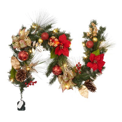 6FT Christmas Garland,Artificial Christmas Garland with Pine Cones Poinsettia,Cordless Xmas Garland for Fireplace Mantle Stairecase