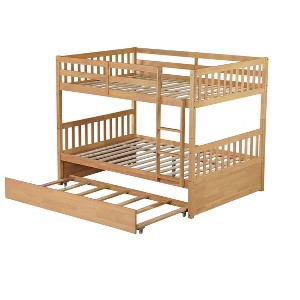 VASIP Full Over Full Rubber Wood Bunk Bed with Trundle, Ladder and Guardrails, Convertible to 2 Full Size Beds, with Twin Size Trundle,White Oak - 1 of 4