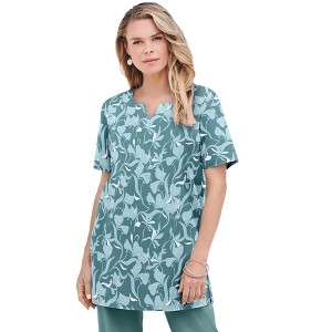 Roaman's Women's Plus Size Print Notch Neck Soft Knit Tunic - 1 of 4