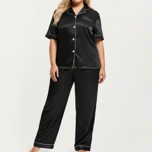 Anna-Kaci Lounge Women's PLus Size Satin Pajama Set with Short Sleeve Button Front Top and Relaxed Straight Leg Pants - 1 of 4