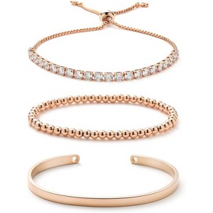 18K Gold Plated Tennis Bracelet Set for Women with Cubic Zirconia, Adjustable Cuff and Beaded Bracelet in Gift Box - 1 of 4