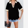Amaryllis Women’s Puff Sleeve Scallop Trim Contrast Collared Knit Top with Split Neckline - 2 of 4