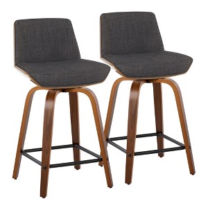 24" Mid-Century Modern Fixed-Height Counter Stool with Swivel in Wood and Fabric, Square Chrome Footrest, Set of 2 - 1 of 4