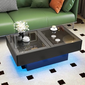 Modern Coffee Tables for Living Room, LED Coffee Table, Storage Coffee Table, Wood Center Table with 2 Drawers and Open Side Shelf, White - 1 of 4