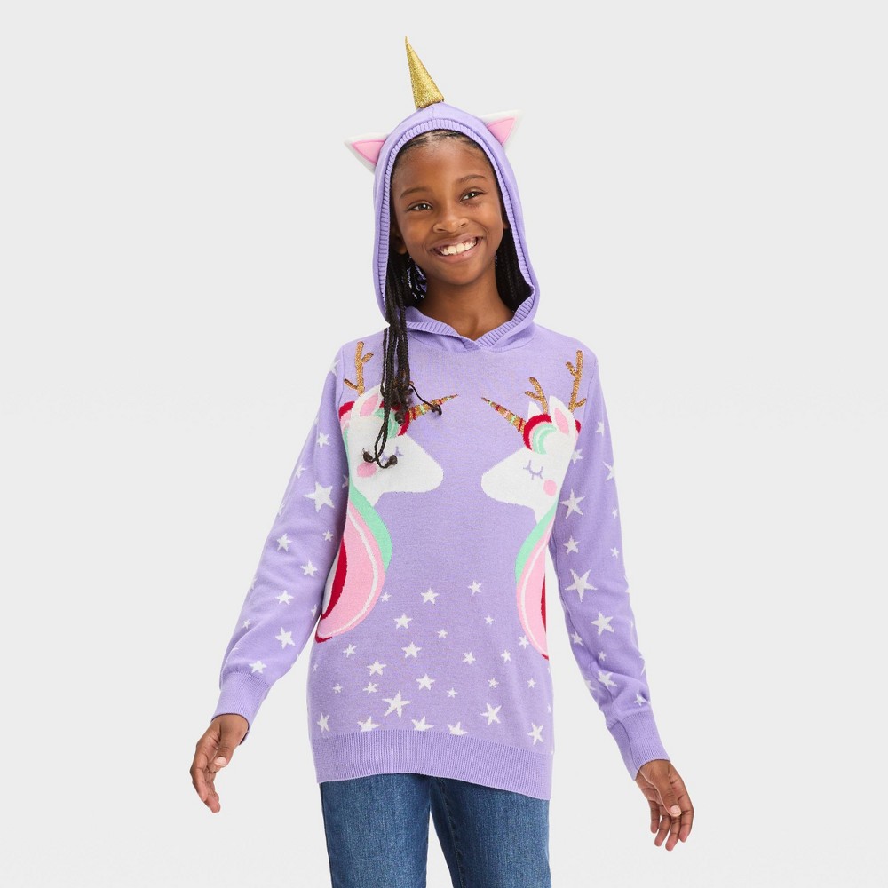 Size S Girls' Unicorn Holiday Hooded Sweater - Purple 