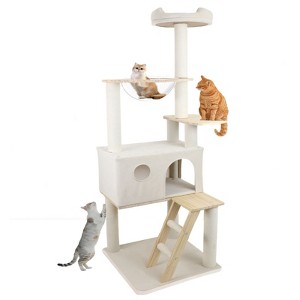 BENCMATE Pet Tower Wooden Cat Tree with Spacious Condo, Transparent Spacecraft, Multi-Level Playground for Large Cats, White, 20.67"*12.4"*20.87" - 1 of 4