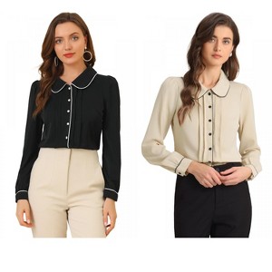 INSPIRE CHIC Women's Casual Peter Pan Collar Button Down Contrast Puff Sleeve Work Blouse 2 Packs - 1 of 4