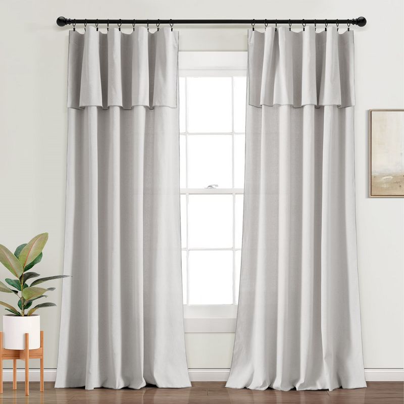 Modern Faux Linen Embroidered Edge With Attached Valance Window Curtain Panels Light Gray 52X84 Set, 1 of 7
