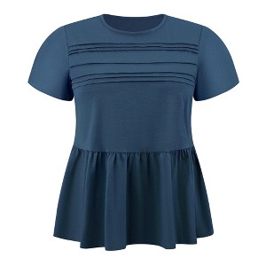 Women's Plus Size Pleated Front Ruffle Sleeve Crew Neck Flowy Summer Casual Babydoll Blouses - GRACE & GRANDEUR - 1 of 4