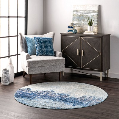 Reversible Abstract Waterfall Round Rug, 5', Blue Synthetic