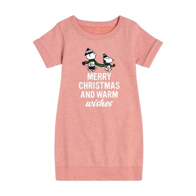 Girls' - Peanuts - Charlie Brown & Snoopy Merry Christmas Warm Wishes Graphic Short Sleeve Fleece Dress