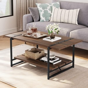 41" Rustic Farmhouse Coffee Table, Modern Minimalist Wood and Metal Living Room Table, 2 Tie Rectangle Center Table with Storage - 1 of 4