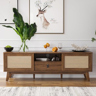 FURNIinspire TV Stands And Consoles Media Entertainment Center With Drawer, Mid Century Modern TV Stand Console Cabinet, Light Walnut, 15.4"*59"*19.3"