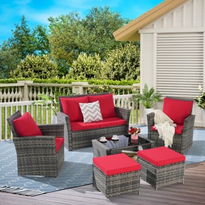 Outdoor 6 Piece Furniture Set, All Weather PE Rattan Sofa Set with Chairs and Table, Armrest Sofas With Cushions and Ottoman-Coolbibila - 1 of 4