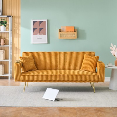SKRAN 74” Corduroy Sofa, 2 Seater Fabric Sofa with Deep Seat, Adjustable Backrest and Cup Holder, Gold Metal Legs for Living Room, Bedroom
