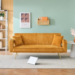 SKRAN 74” Corduroy Sofa, 2 Seater Fabric Sofa with Deep Seat, Adjustable Backrest and Cup Holder, Gold Metal Legs for Living Room, Bedroom - 1 of 4