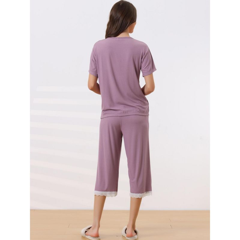 cheibear Women's Modal Loose Summer Lace Trim Short Sleeve Carpri Pajama Set, 4 of 7