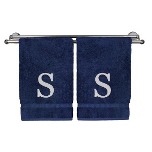 BC BARE COTTON Monogrammed Hand Towel, 100% Turkish Cotton - Set of 2 - Navy - White Block - 1 of 1