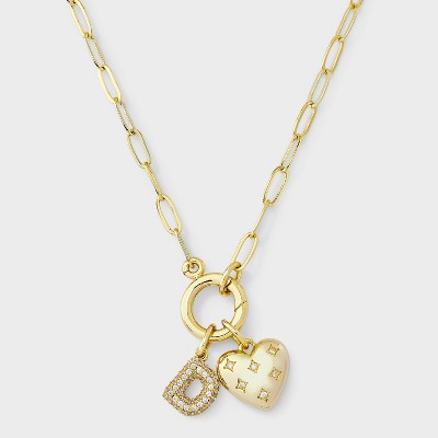14K Gold Dipped Cubic Zirconia Puffy Heart Charm Initial Necklace - A New Day™ Gold