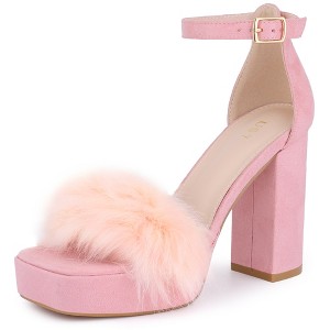 BLISSFUL STEP Women's Faux Fur Chunky Heel Platform Sandals - 1 of 4