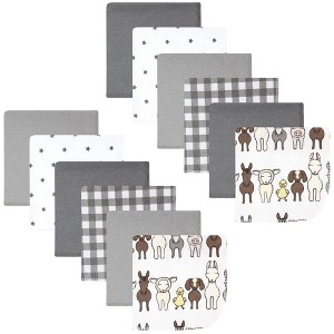 Hudson Baby Flannel Cotton Washcloths, Farm Friends Grey 12-Pack, One Size - 1 of 4