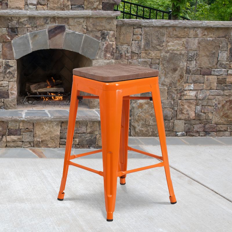 Emma and Oliver 24"H Backless Orange Metal Counter Height Stool with Wood Seat, 3 of 14