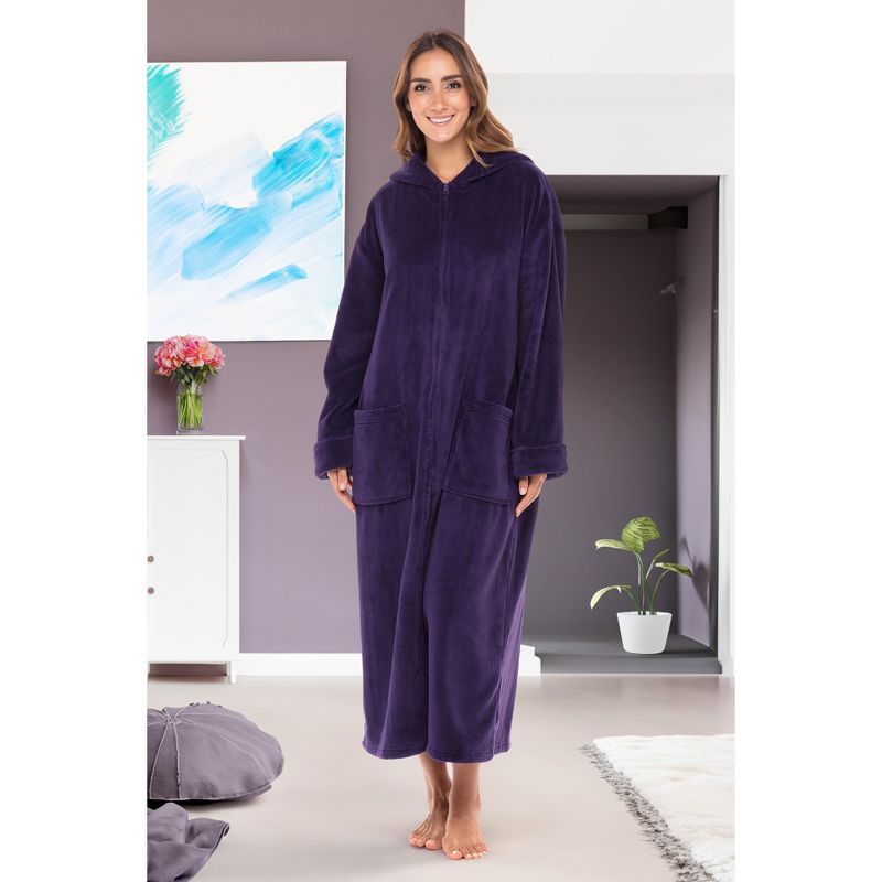 Women's Zip Up Fleece Robe with Hood, Soft Warm Plush Oversized Zipper Hooded Bathrobe, 2 of 6