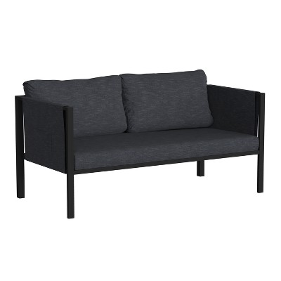 Emma and Oliver Indoor Outdoor Patio Loveseat, Steel Framed Club Chair with Cushions and 2 Storage Pockets