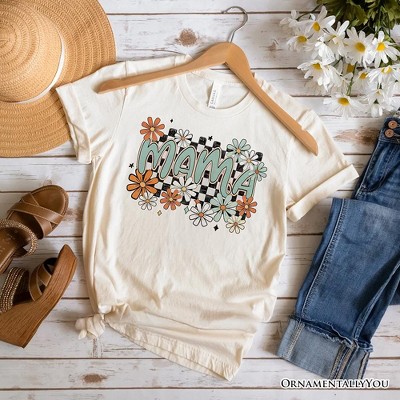 Floral Mama Checkered T-Shirt, White, Natural and Black Retro Tee for Stylish Mothers| OrnamentallyYou