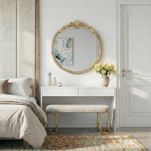 Wooakway 1PC/2PC Gold Ornate Circle Mirror with Decorative Embellished Frame Wall Hanging Accent Mirror Decor for Living Room Bedroom Entryway - 1 of 4