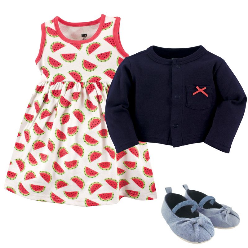 Hudson Baby Infant Girl Cotton Dress, Cardigan and Shoe 3pc Set, Watermelon, 3 of 4
