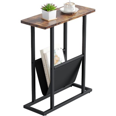 Narrow Side Table for Small Spaces, Small End Table with Magazine Holder, Skinny Slim