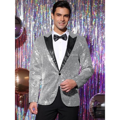 Lars Amadeus Men's Sequin Peak Laple Sparkly Party Show Glitter Sports Coat Silver Small — фото 2