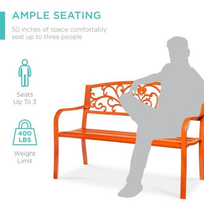Carrot Orange Steel Outdoor Bench with Floral Backrest