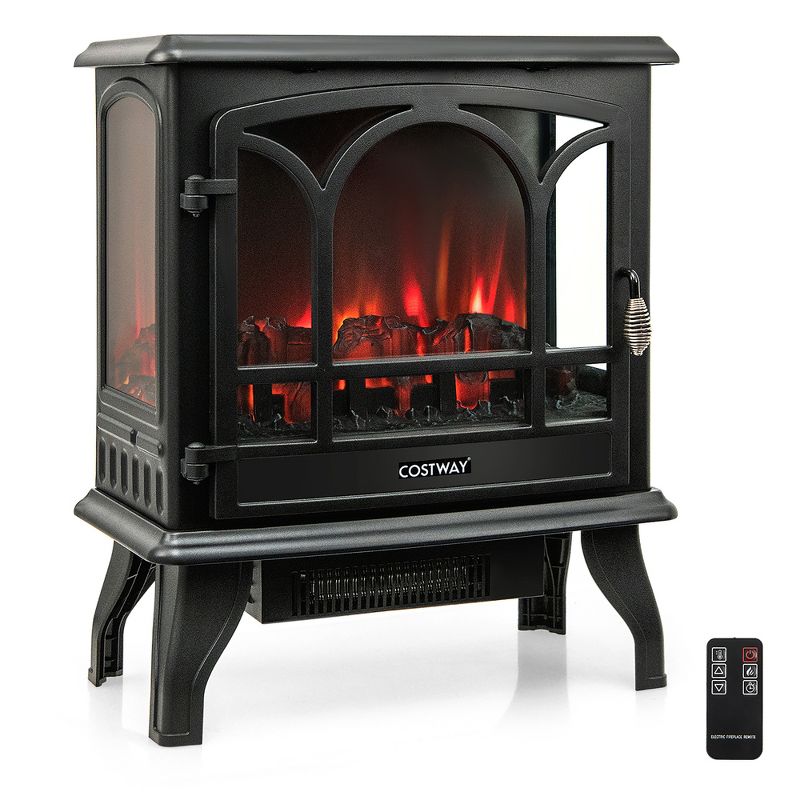 Costway 20” Freestanding Electric Fireplace 1400W Electric Stove Heater W/ 3-Level Flame Effect 3-Sided View & 6H Timer Overheat Protection, 1 of 11